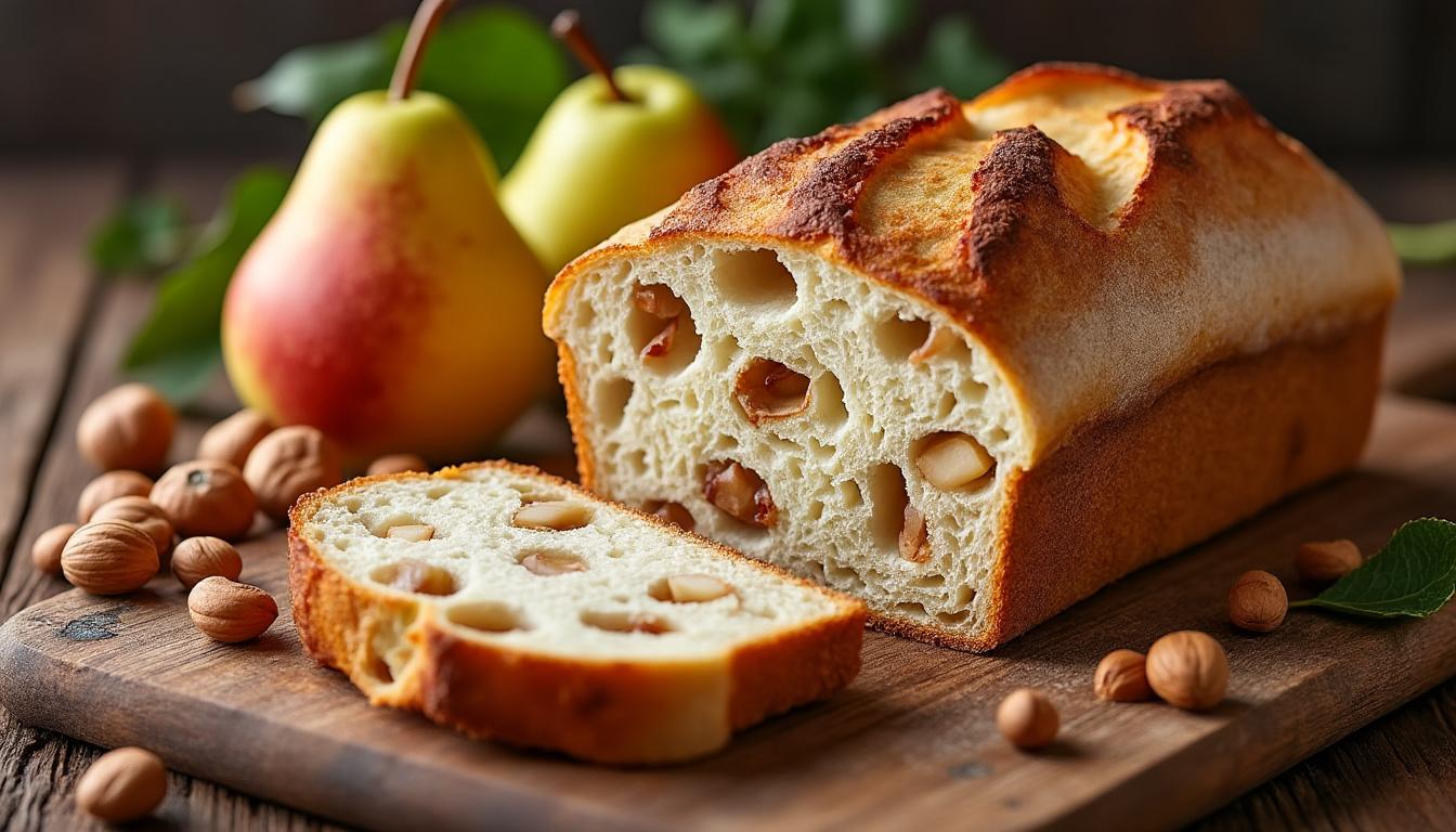 savourez la douceur unique du pain essène aux poires juteuses et noisettes croquantes, une recette saine et gourmande parfaite pour toutes vos envies.