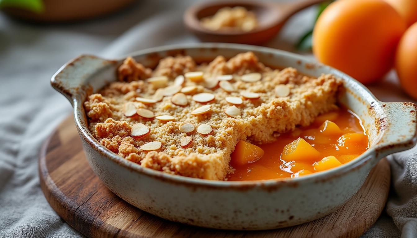 découvrez notre délice croustillant : un crumble d’amandes savoureux, accompagné d’une compote d’abricots maison fraîche et fruitée, pour une gourmandise parfaite.