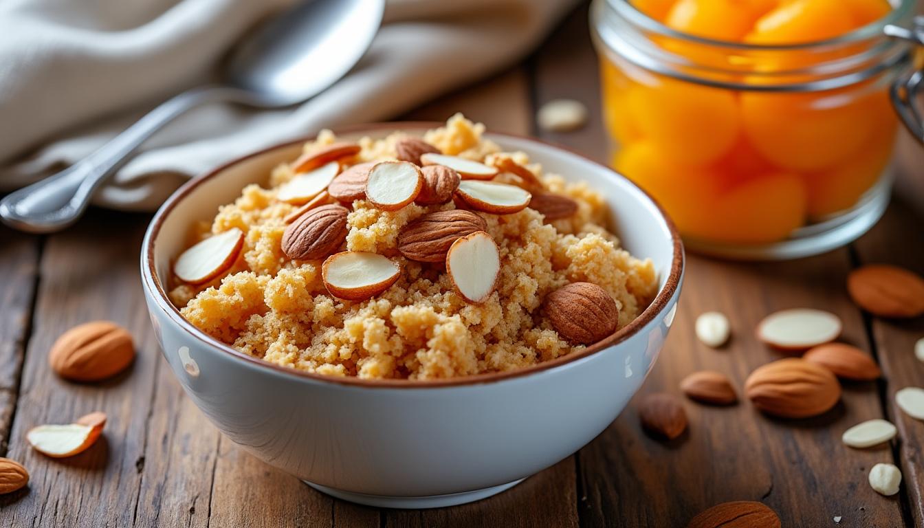 savourez un délice croustillant avec notre crumble d’amandes doré, parfaitement accompagné d’une compote d’abricots maison aux saveurs naturelles et fruitées.