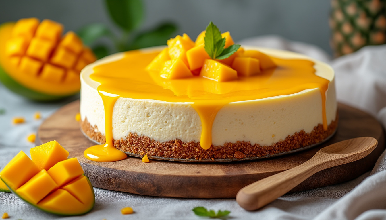 savourez un délice exotique avec notre cheesecake fondant à la mangue, alliant douceur crémeuse et saveurs fruitées pour un dessert irrésistible.