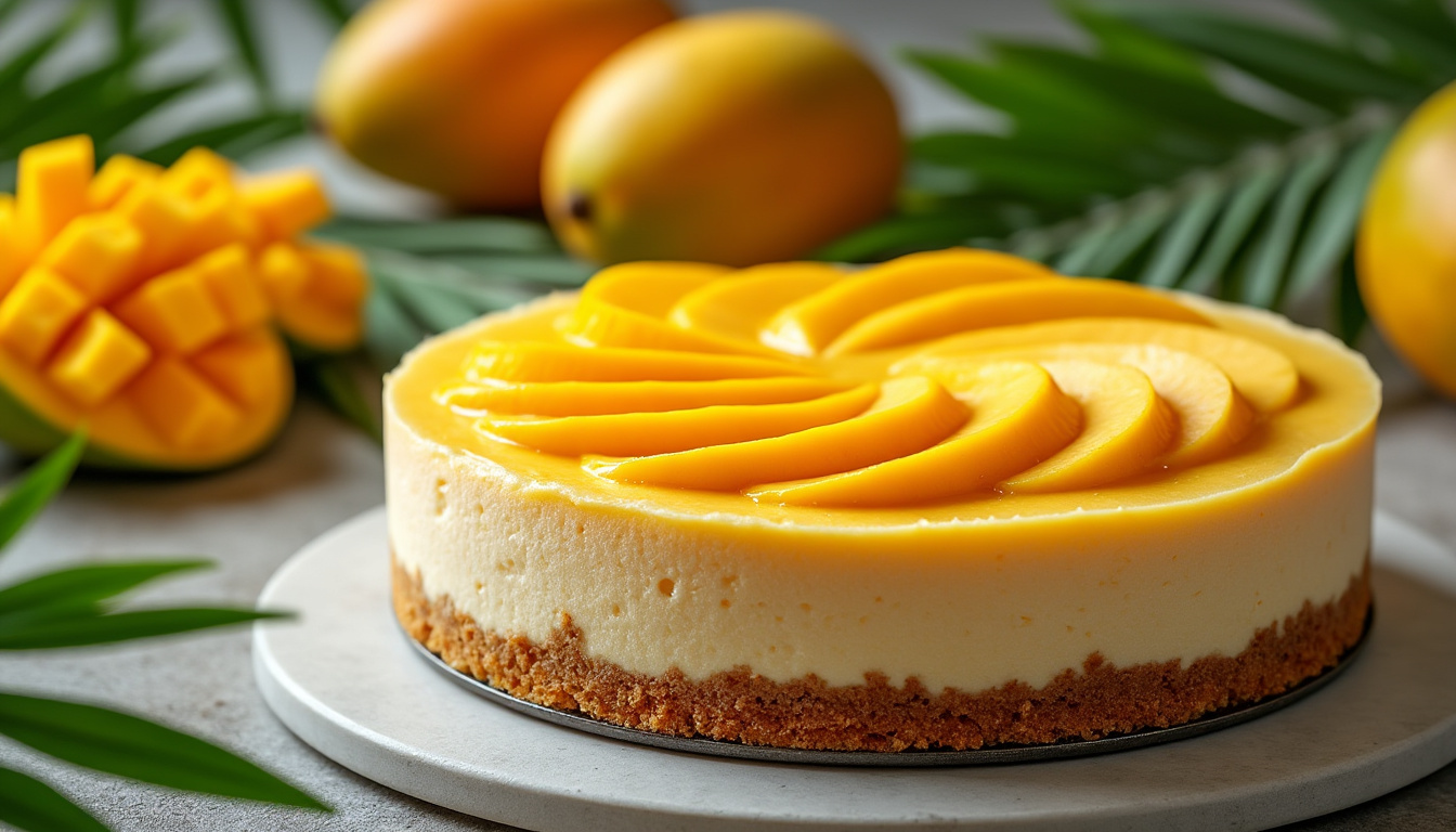 découvrez notre cheesecake fondant à la mangue, un délice exotique alliant douceur crémeuse et saveurs tropicales pour un dessert irrésistible.