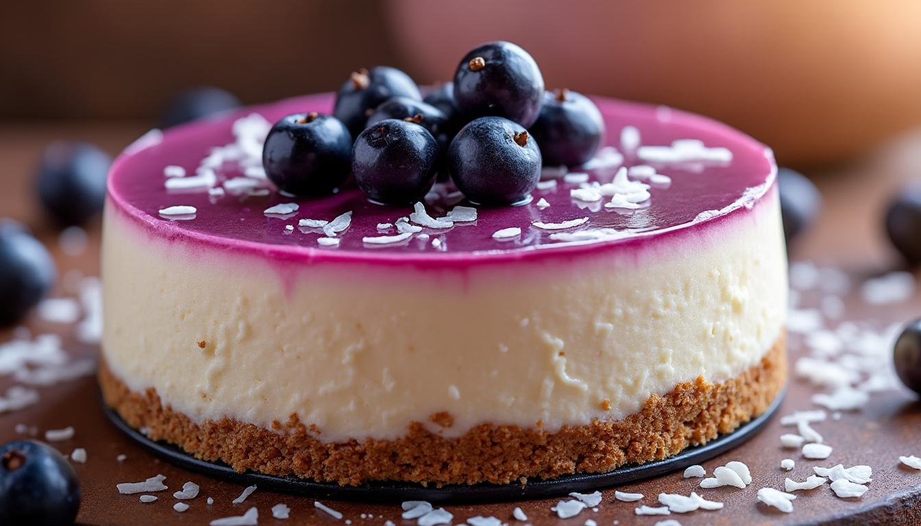 découvrez notre cheesecake vegan onctueux, alliant la douceur acidulée du cassis à la saveur exotique de la noix de coco, pour un dessert gourmand et sain.