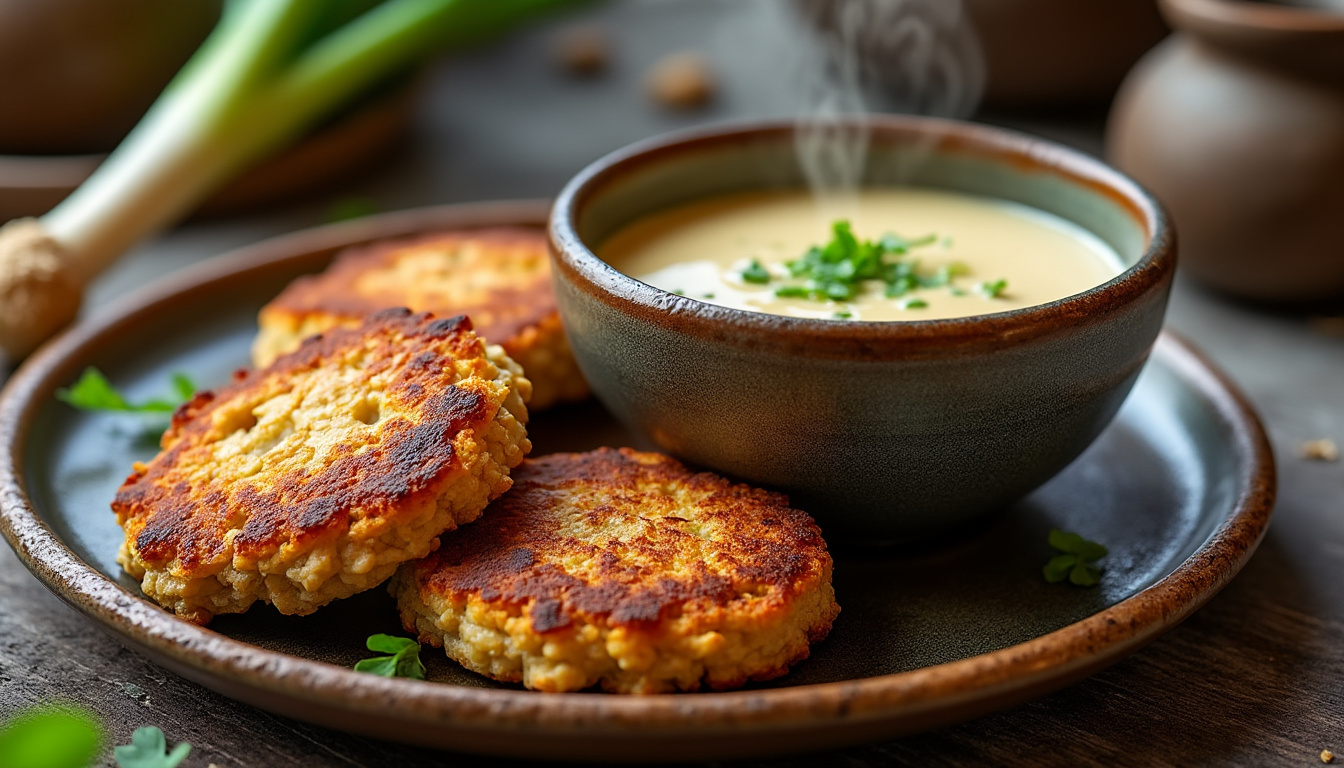 savourez nos galettes de flocons d'avoine croustillantes, servies avec une fondue de poireaux onctueuse, pour un repas sain et gourmand.
