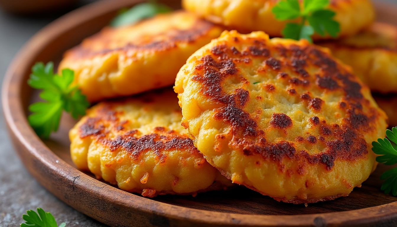 découvrez nos délicieuses galettes dorées à base de pommes de terre et carottes, relevées d'une touche parfumée de muscade pour un savoureux moment gourmand.