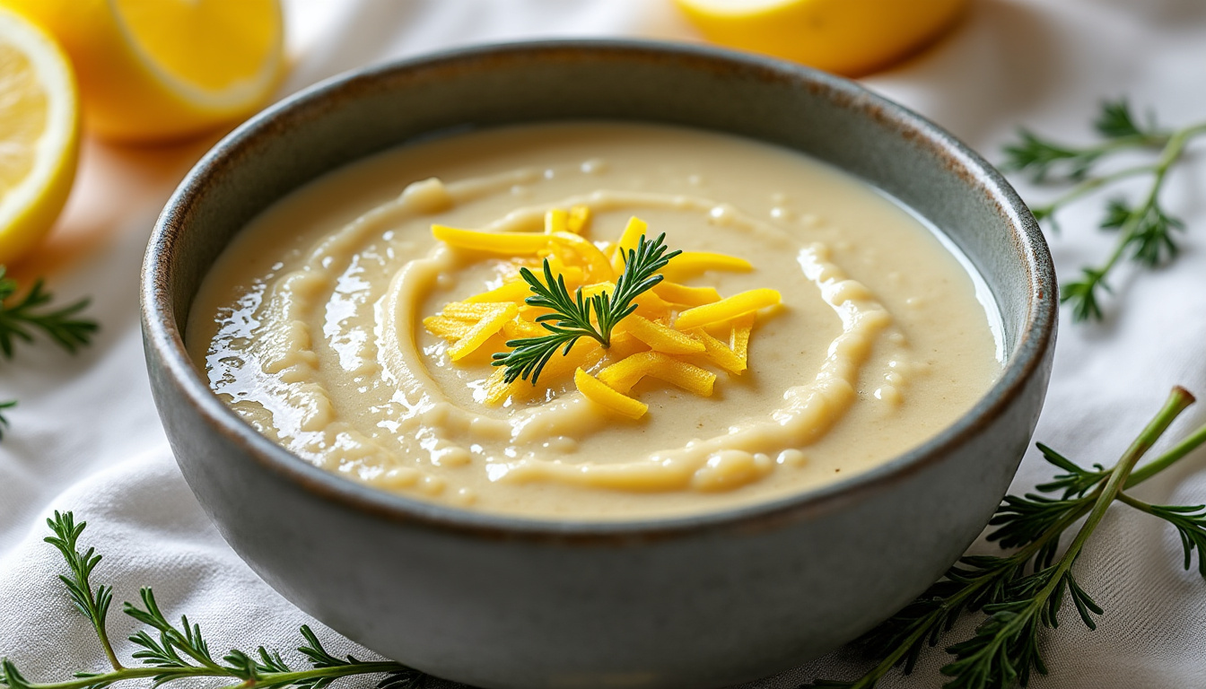 découvrez notre velouté de chou-fleur et aubergine, délicatement parfumé au thym, citron et lait de soja, pour une soupe savoureuse et légère idéale pour toutes les saisons.