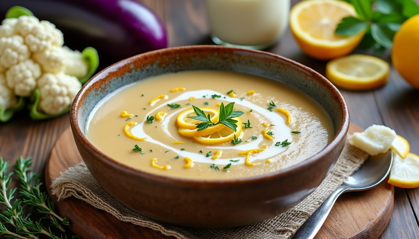 savourez un velouté onctueux de chou-fleur et aubergine, rehaussé par le parfum du thym, la fraîcheur du citron et la douceur du lait de soja, pour un plat sain et gourmand.