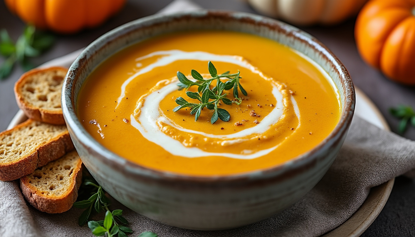 découvrez notre velouté glacé de potiron délicatement parfumé au gingembre frais, une recette rafraîchissante et pleine de saveurs pour vos repas d'été.