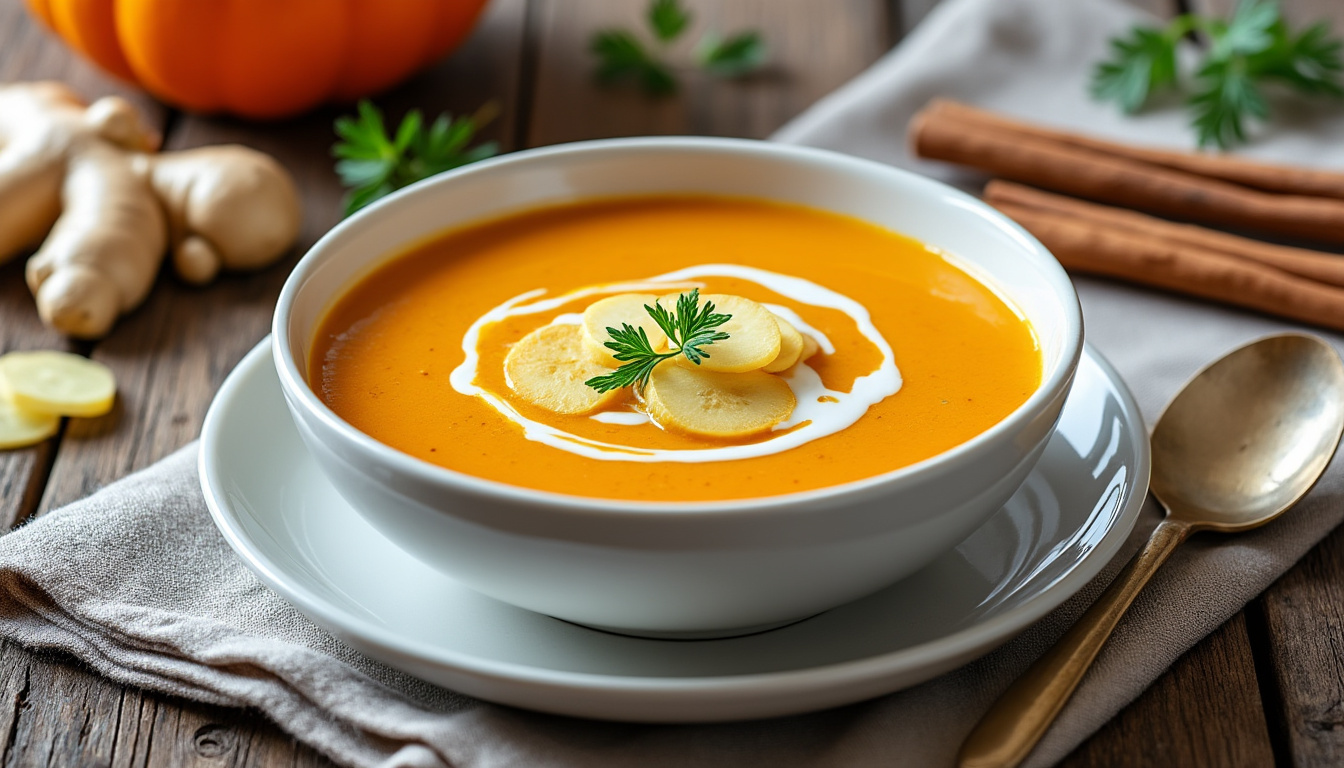 découvrez notre velouté glacé de potiron, délicatement parfumé au gingembre frais, une recette rafraîchissante et pleine de saveurs pour vos repas d'été.