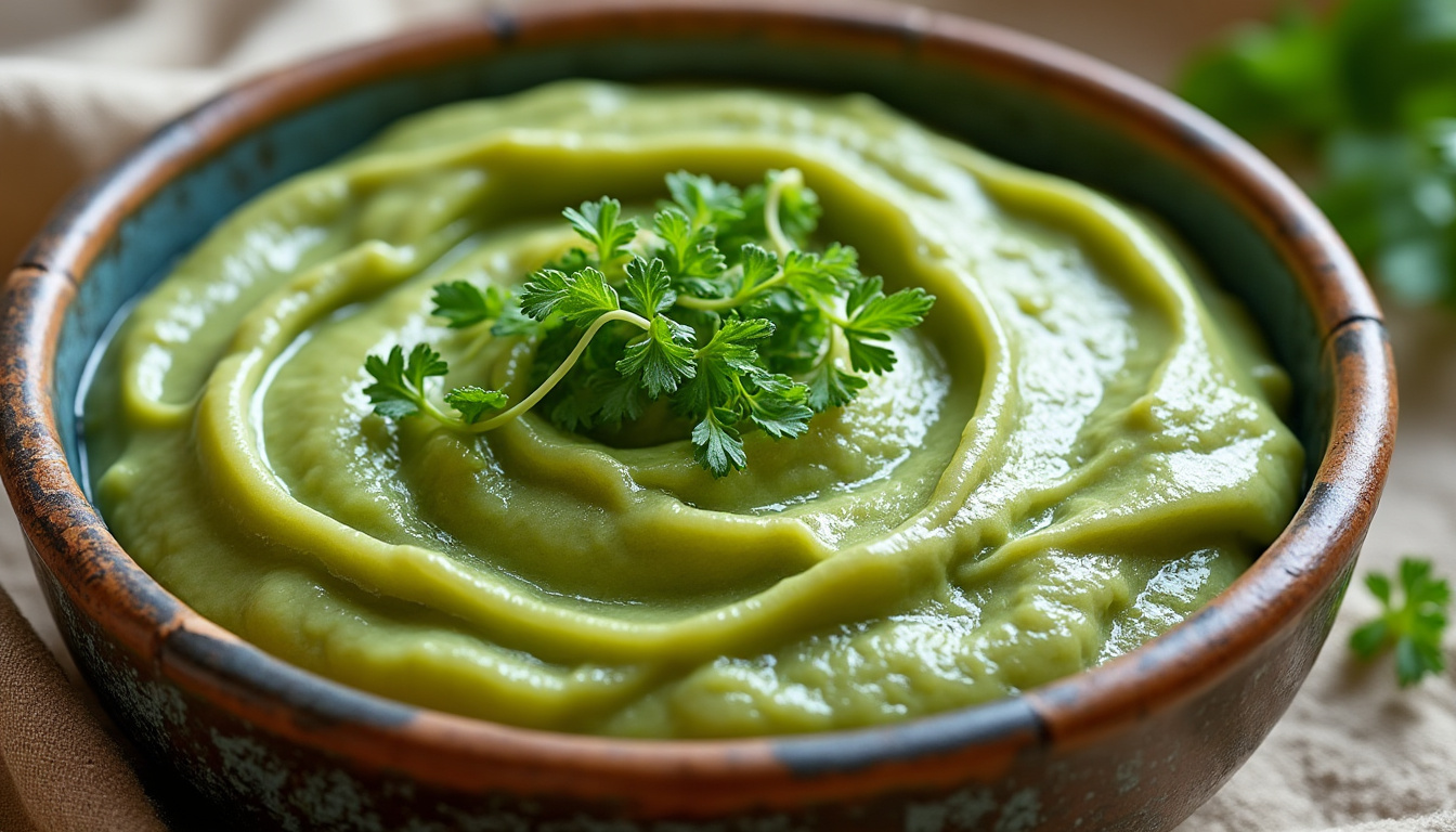 découvrez notre délice vert, une purée onctueuse de haricots verts sublimée par la fraîcheur des jeunes pousses d'alfalfa, pour une expérience saine et gourmande.