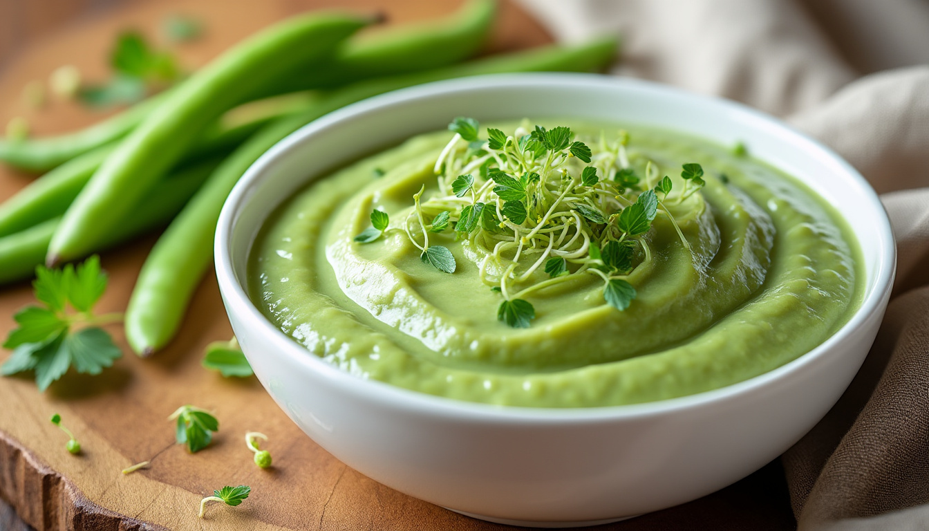 découvrez notre délice vert, une purée onctueuse de haricots verts délicatement agrémentée de jeunes pousses d'alfalfa pour une saveur fraîche et légère.