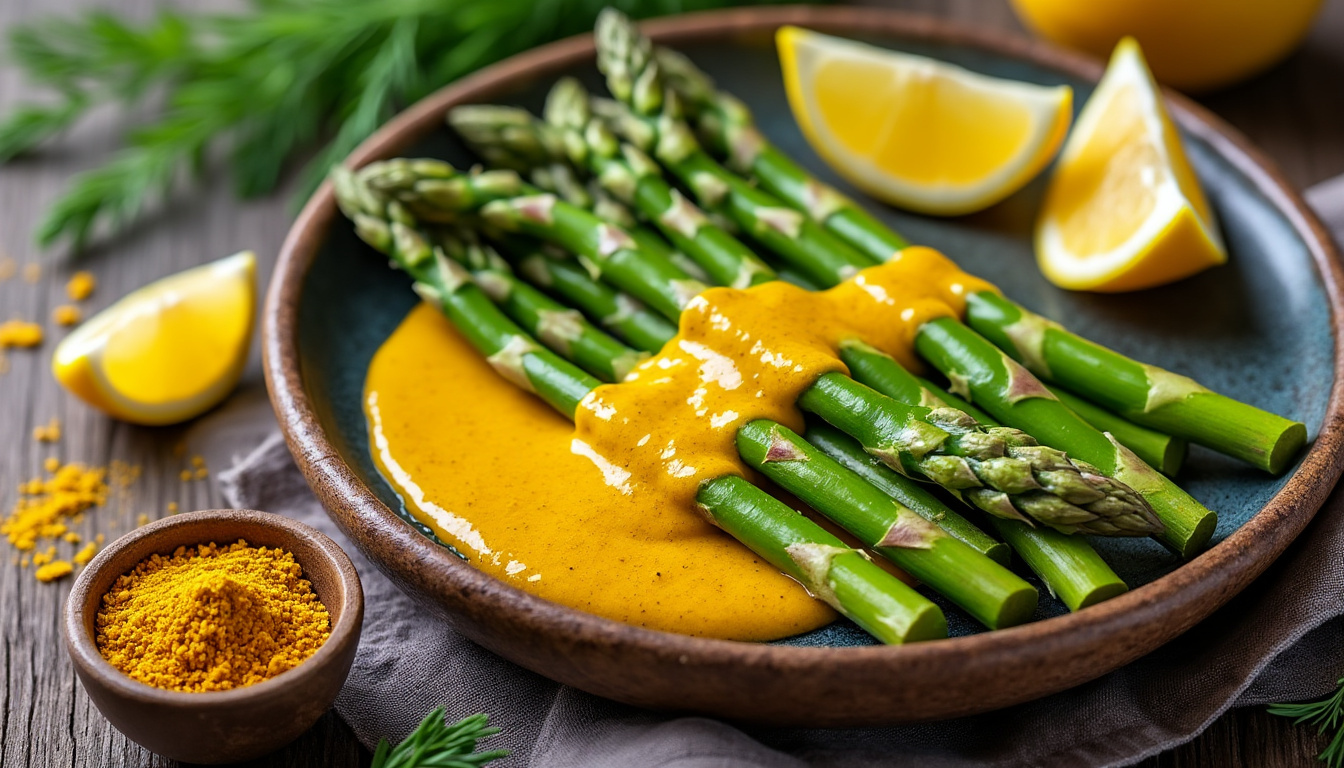 découvrez une délicieuse sauce au curcuma, parfaite pour sublimer votre récolte d'asperges printanières et apporter une touche d'originalité à vos plats de saison.