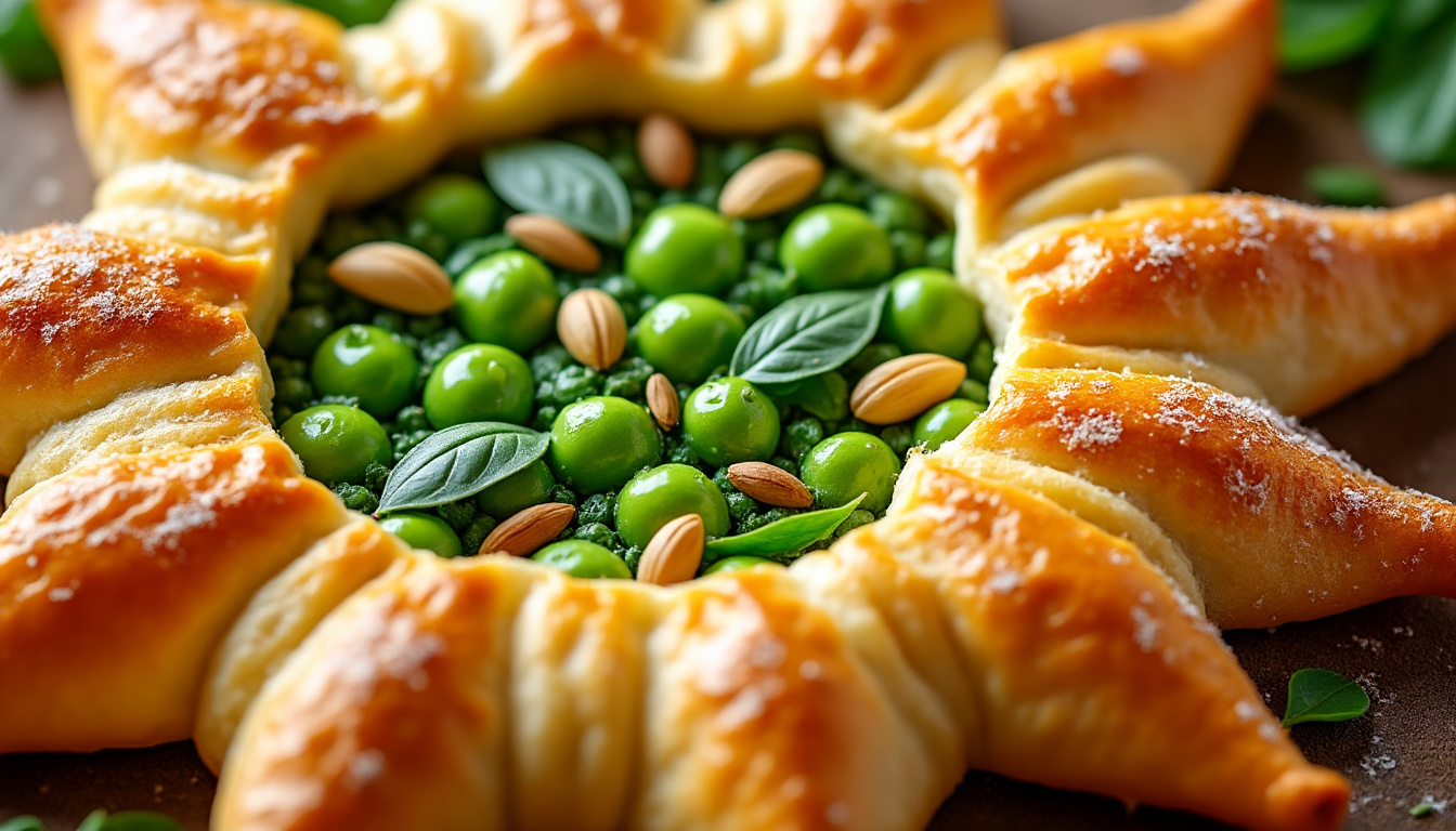 découvrez notre délicieuse tarte feuilletée au soleil d'été, garnie de légumes croquants, petits pois frais et basilic aromatique, pour une explosion de saveurs fraîches et estivales.