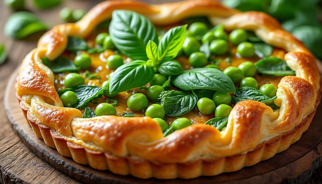 découvrez notre tarte feuilletée estivale aux légumes croquants, petits pois frais et basilic aromatique, une recette légère et savoureuse parfaite pour profiter du soleil d'été.