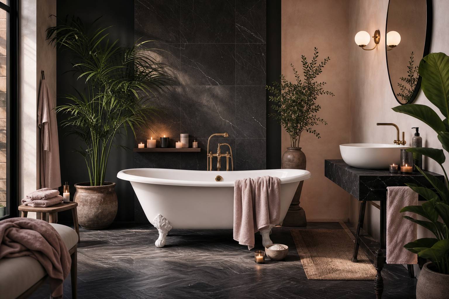 Grande salle de bain elegante avec baignoire sur pieds et bougies ambiance spa