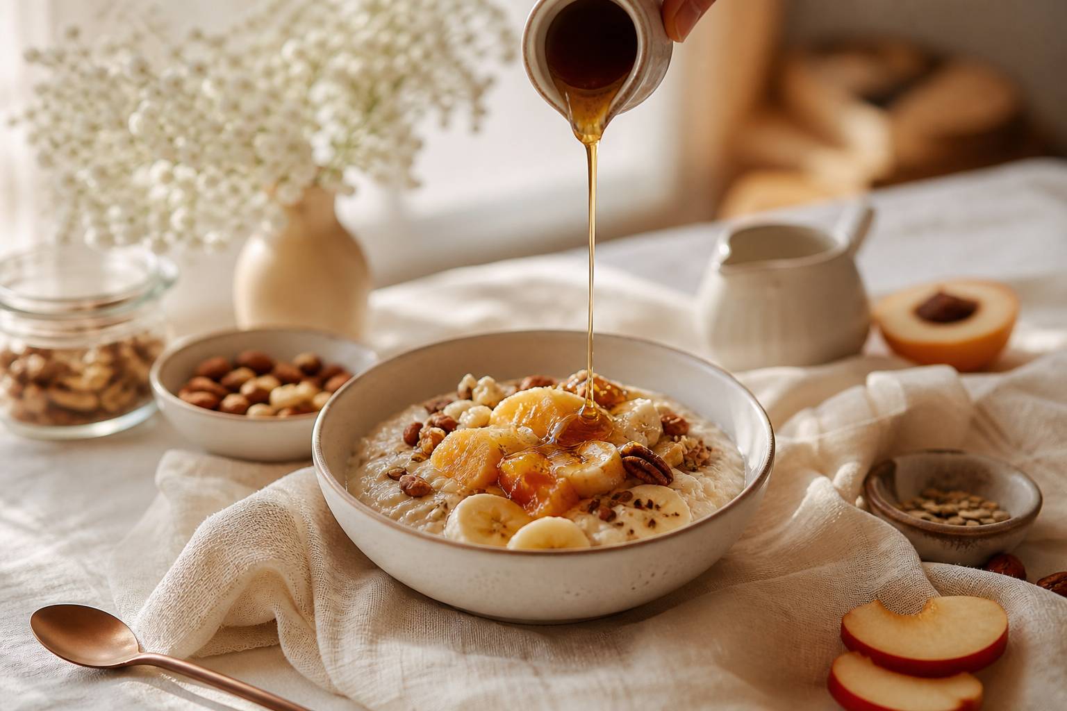 Bol de porridge ou granola nappé de sirop de riz doré avec morceaux de fruits frais, noix et graines