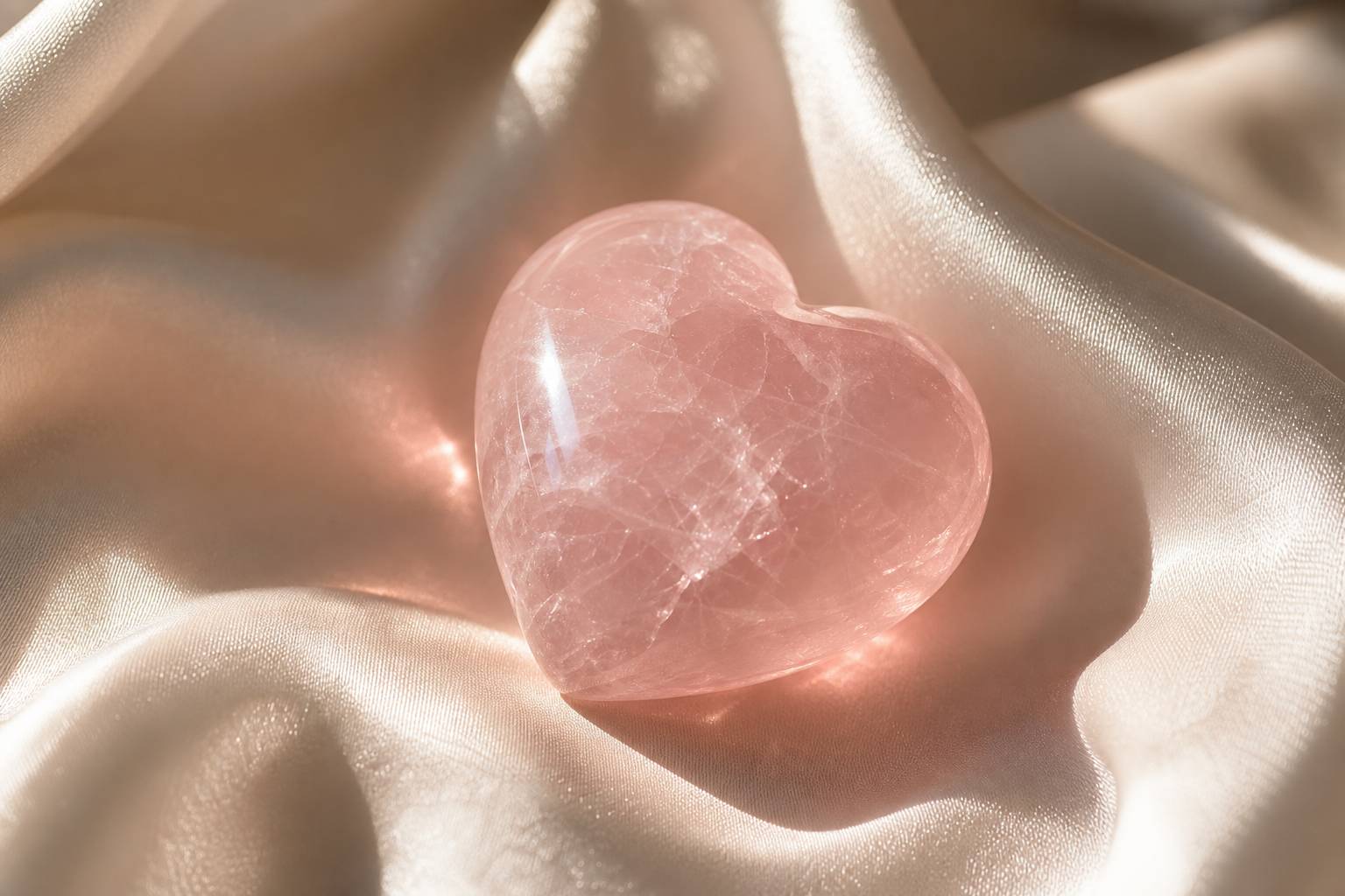 Cœur en quartz rose poli sur fond de soie crème, lumière naturelle douce