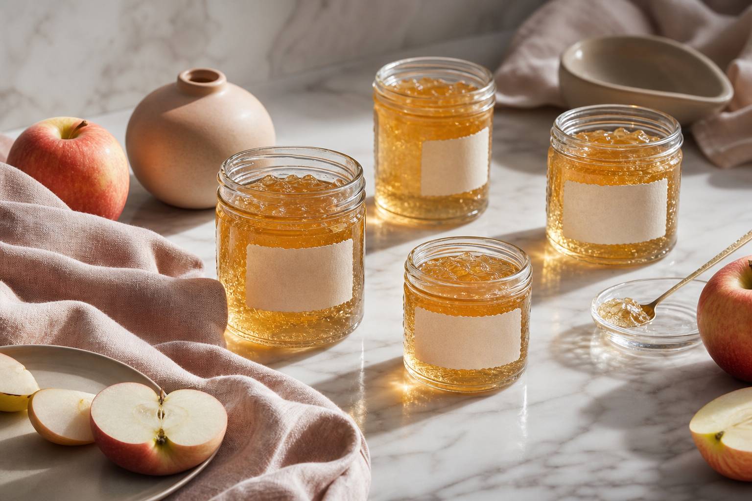 Bocaux en verre de gelée de pomme dorée avec étiquettes artisanales sur plan de travail
