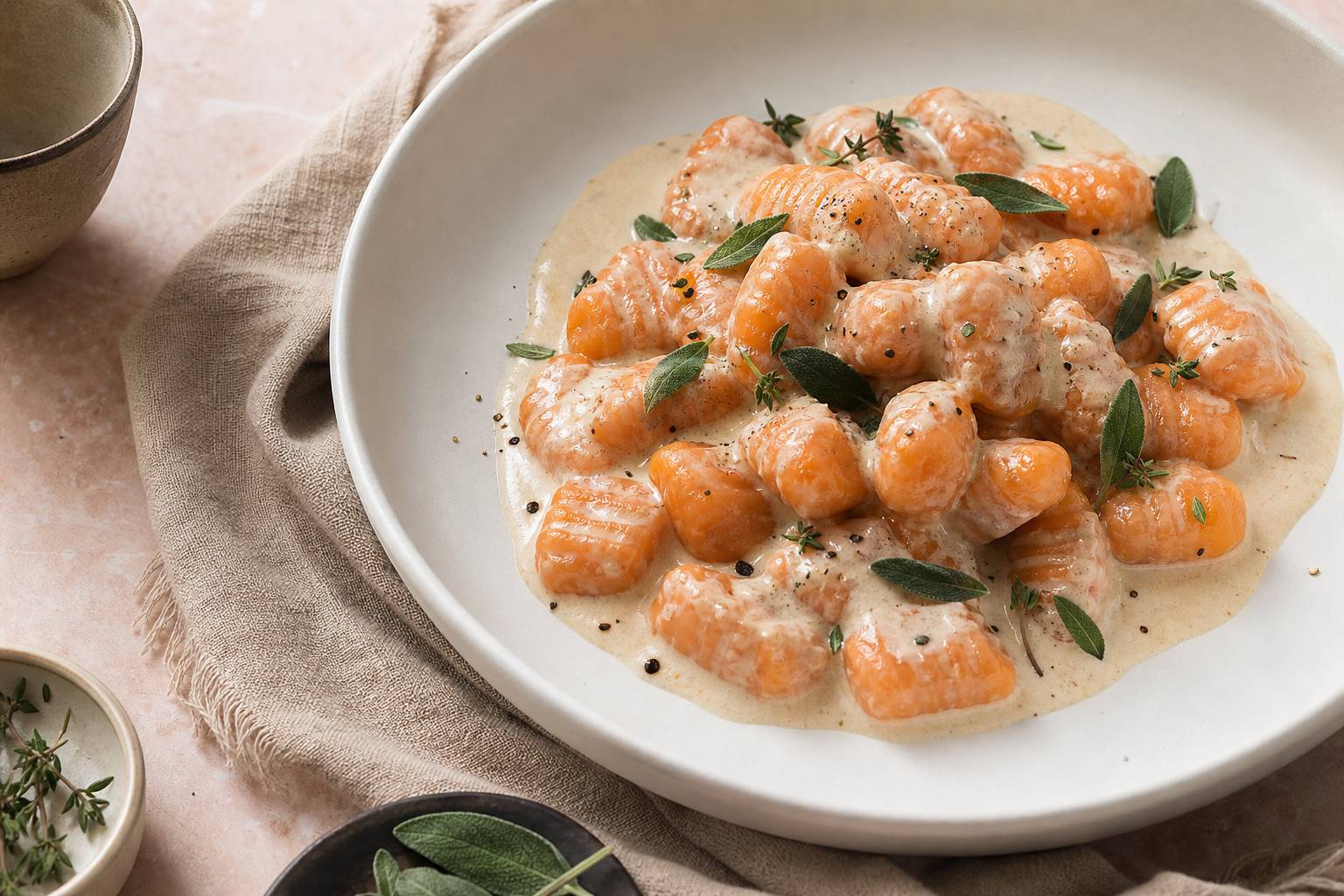 Gros plan sur des gnocchis à la patate douce sauce crémeuse et herbes fraîches