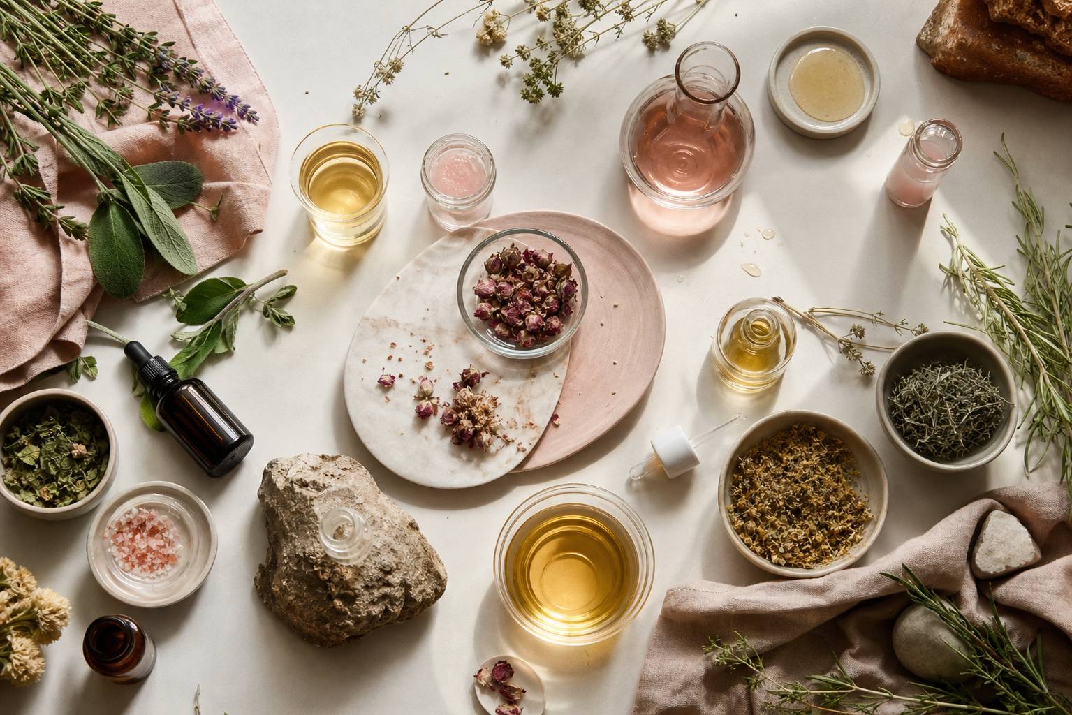 Plantes aromatiques et huiles vegetales disposees en composition esthetique sur fond clair