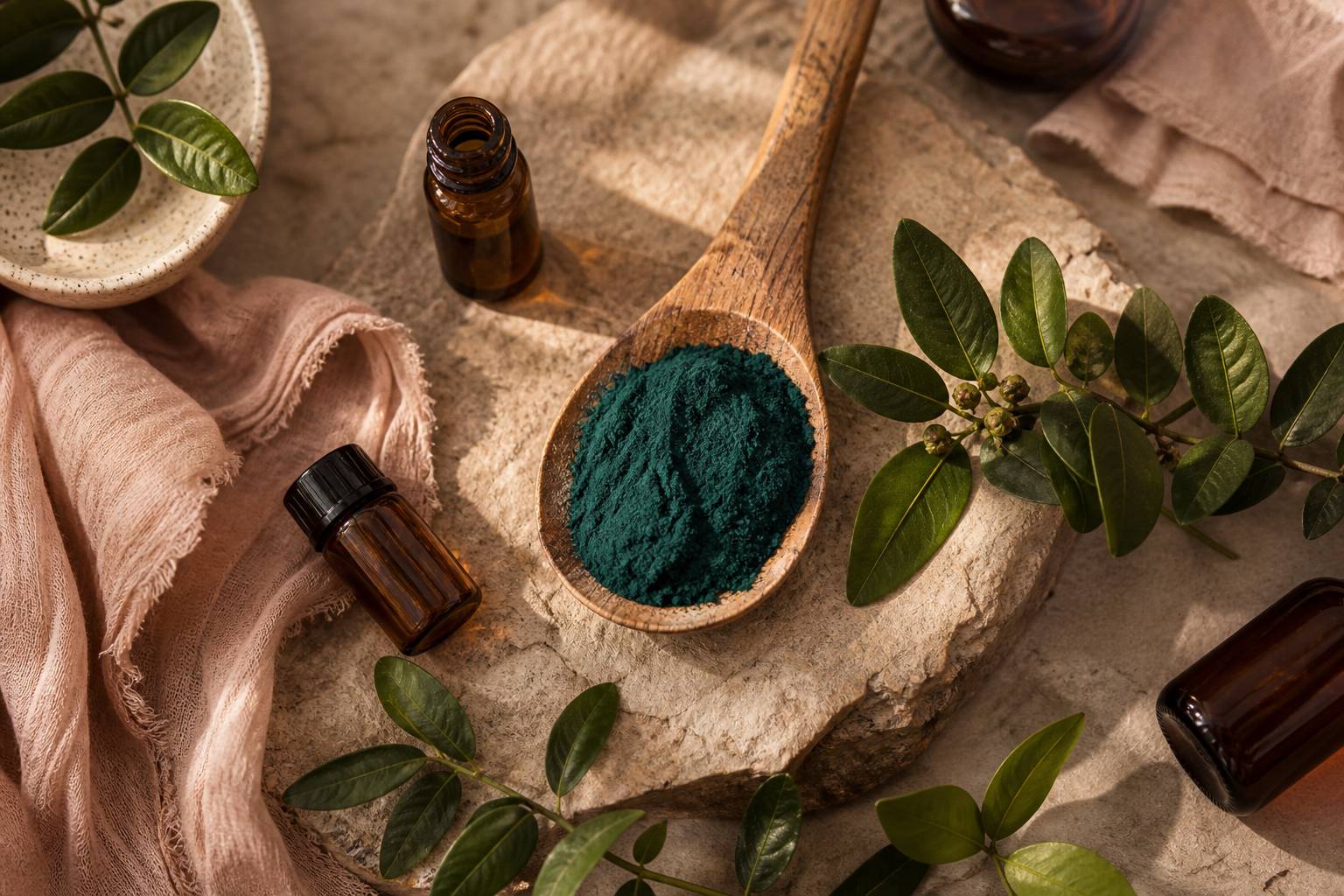 Algue bleu-vert klamath en poudre sur cuillere en bois avec feuilles fraiches et flacons en verre, concept bien-etre et beaute