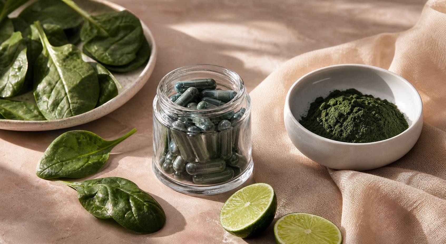 Preparation wellness avec capsules d algue klamath, epinards frais et citron vert dans un bol en ceramique sur fond clair