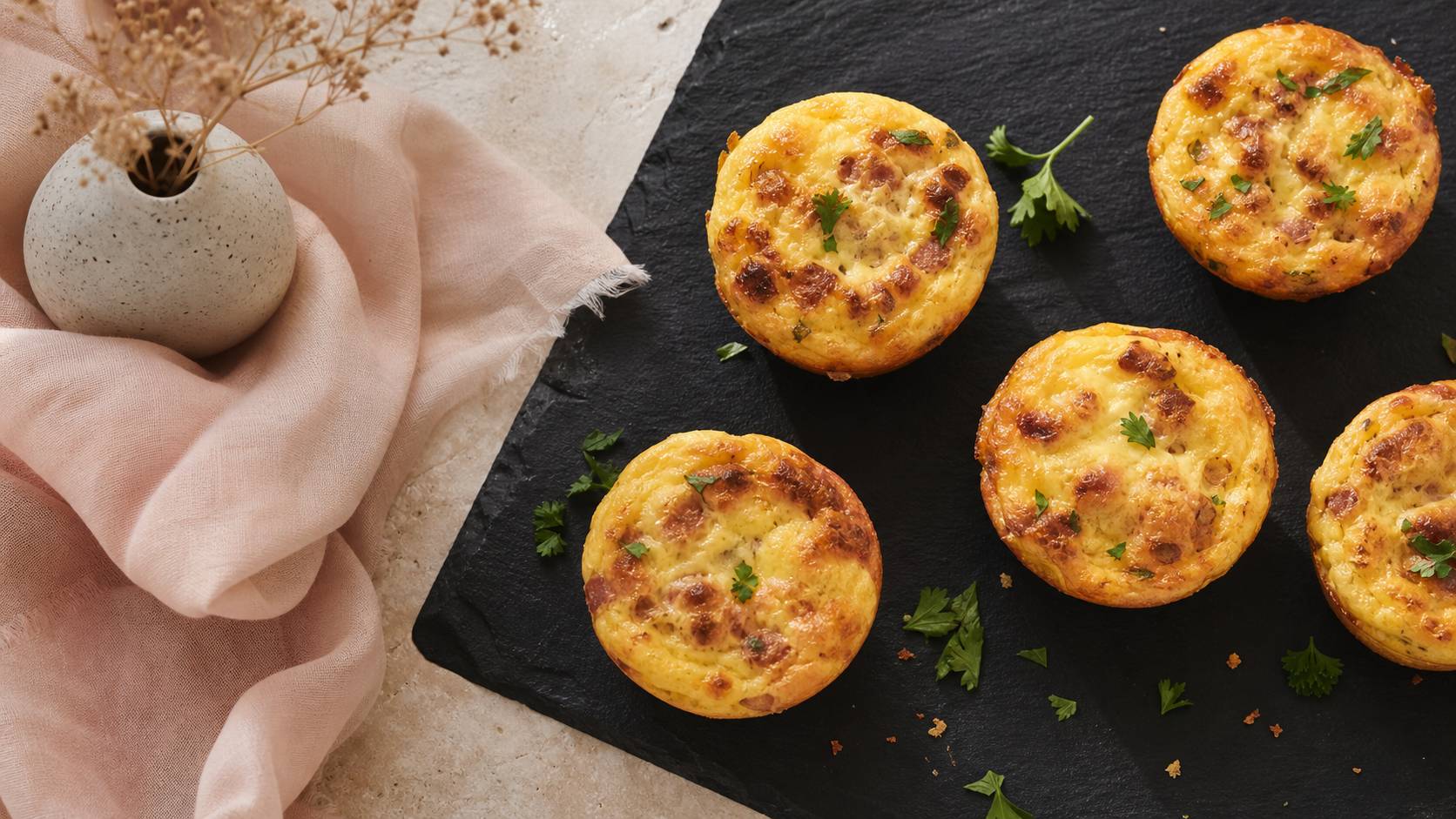 Mini-quiches lorraine sans pâte dorées sur plat ardoise décorées de persil frais