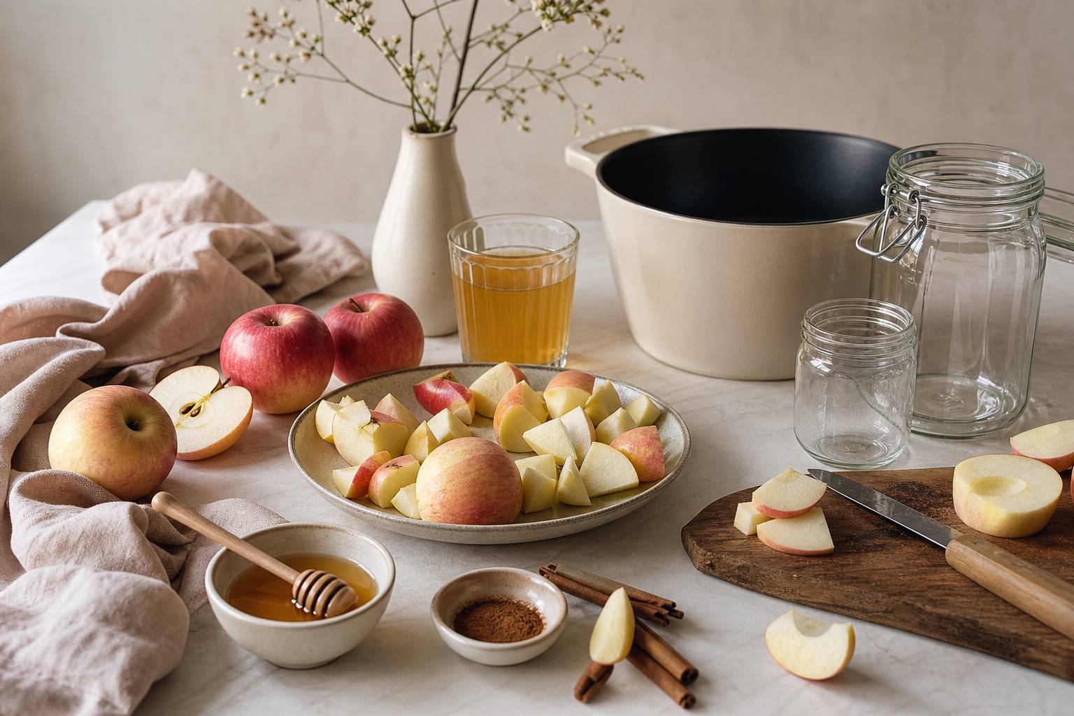 Flat-lay de préparation de gelée de pommes maison avec fruits frais, miel et cannelle