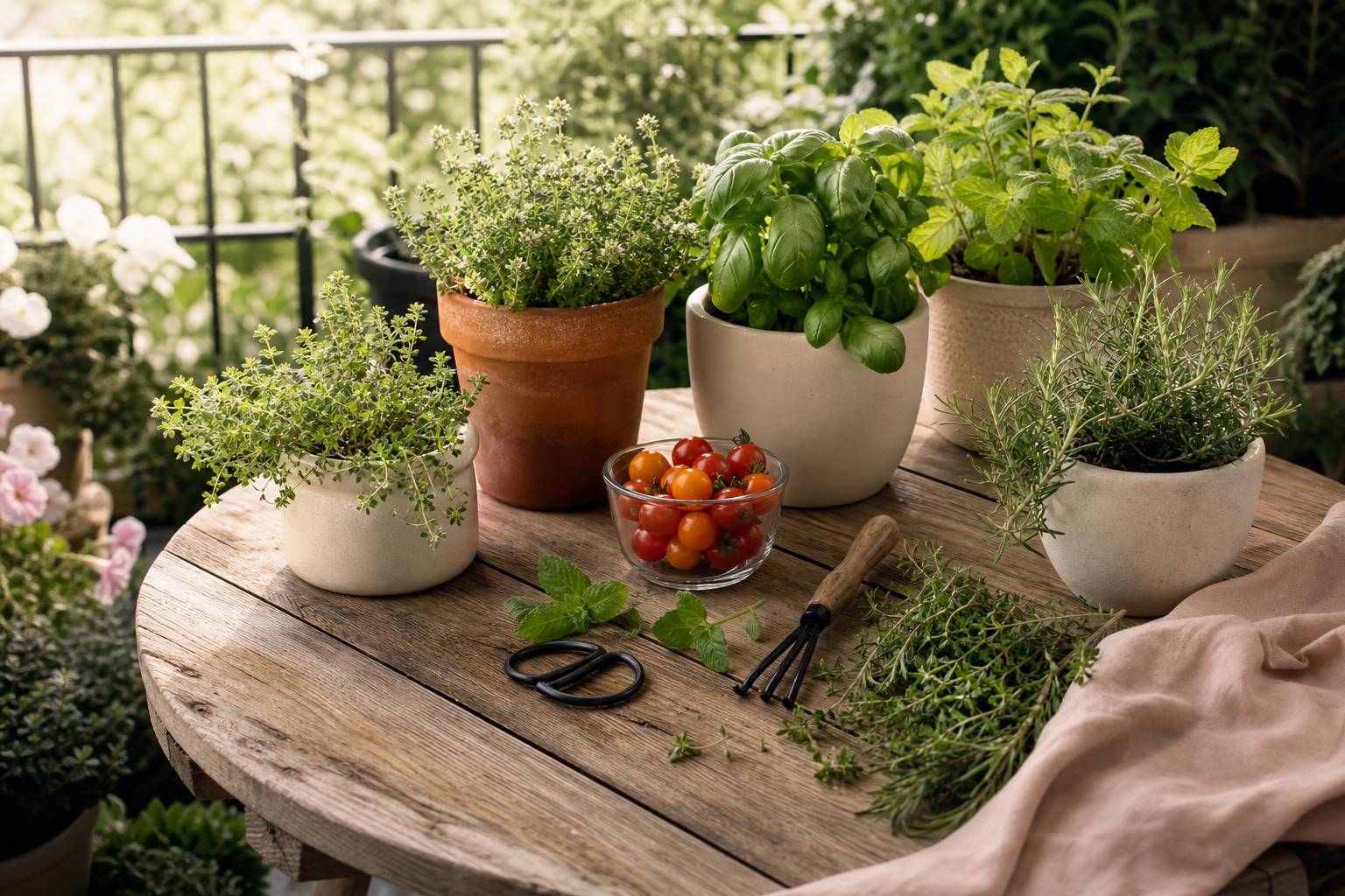 Balcon avec potager de plantes aromatiques, tomates et herbes fraîches en pots