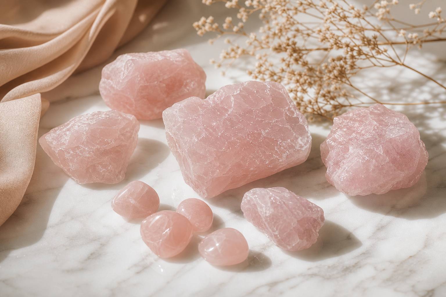 Cristaux de quartz rose bruts sur marbre blanc avec pierres polies