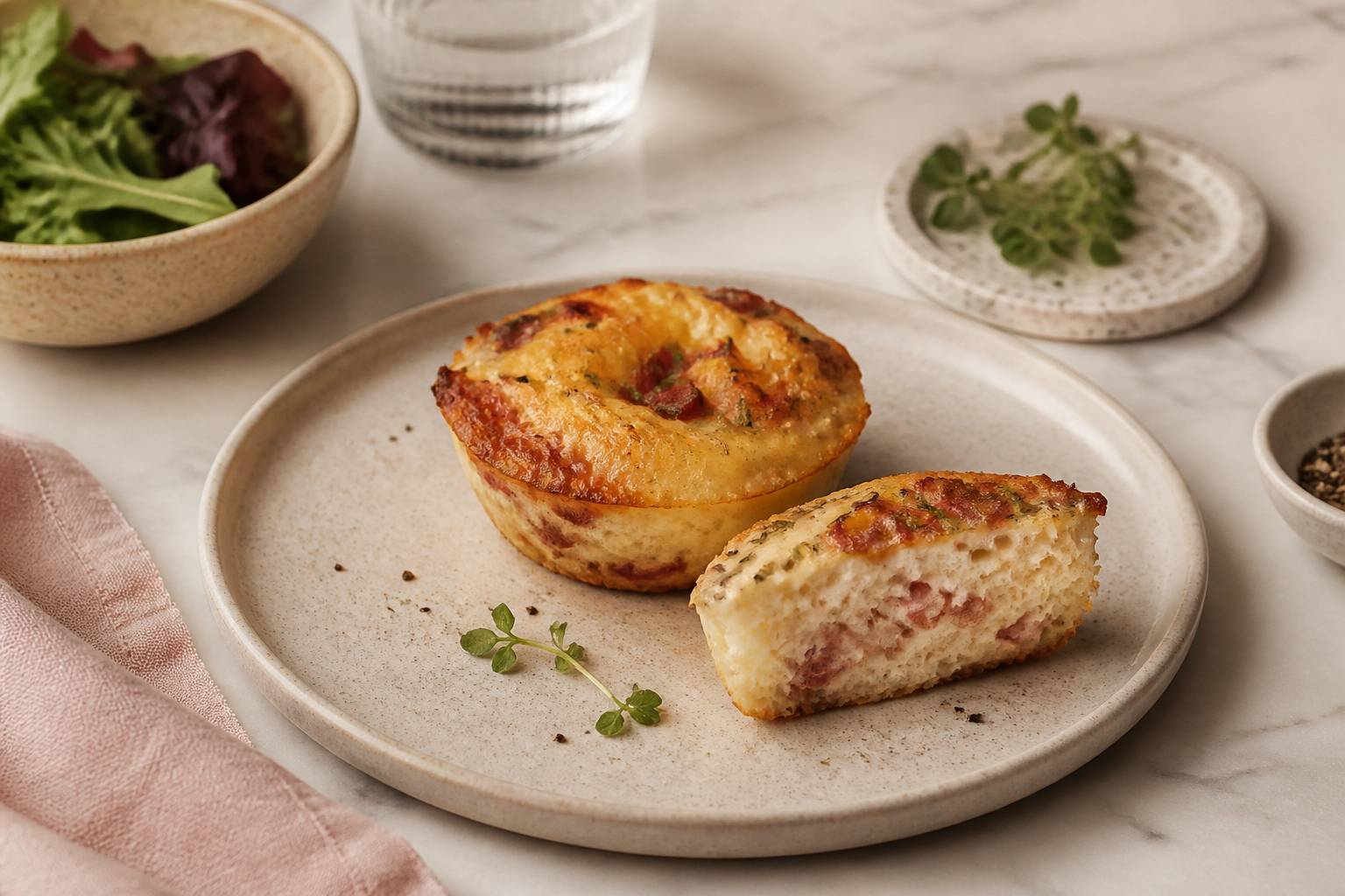 Coupe transversale de mini-quiche lorraine légère montrant la texture fondante aux lardons