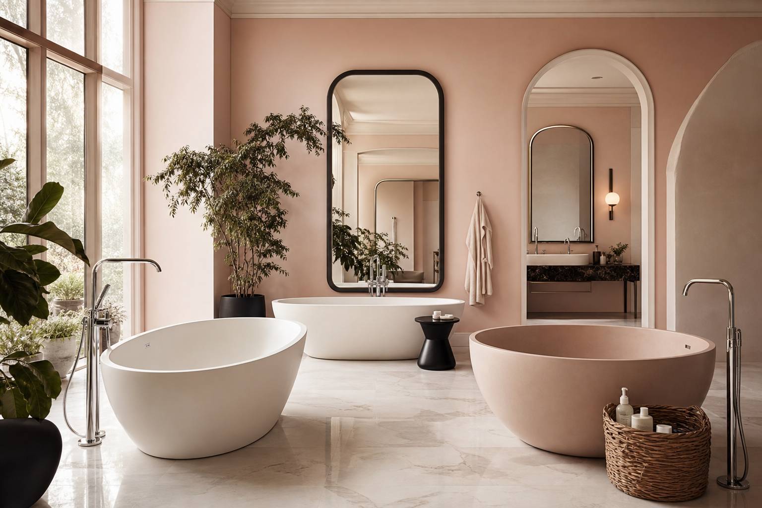 Salle de bain lumineuse avec baignoires design carrelage et plantes vertes