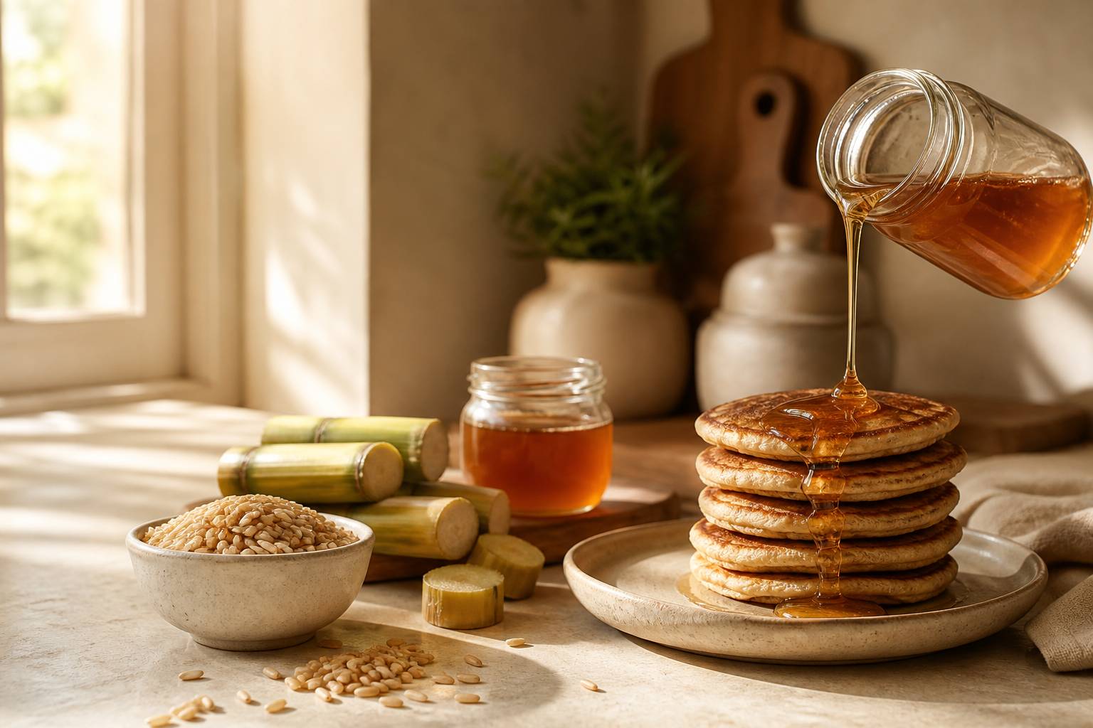 Bocal en verre de sirop de riz doré coulant sur des pancakes avec des ingrédients naturels sur un comptoir de cuisine