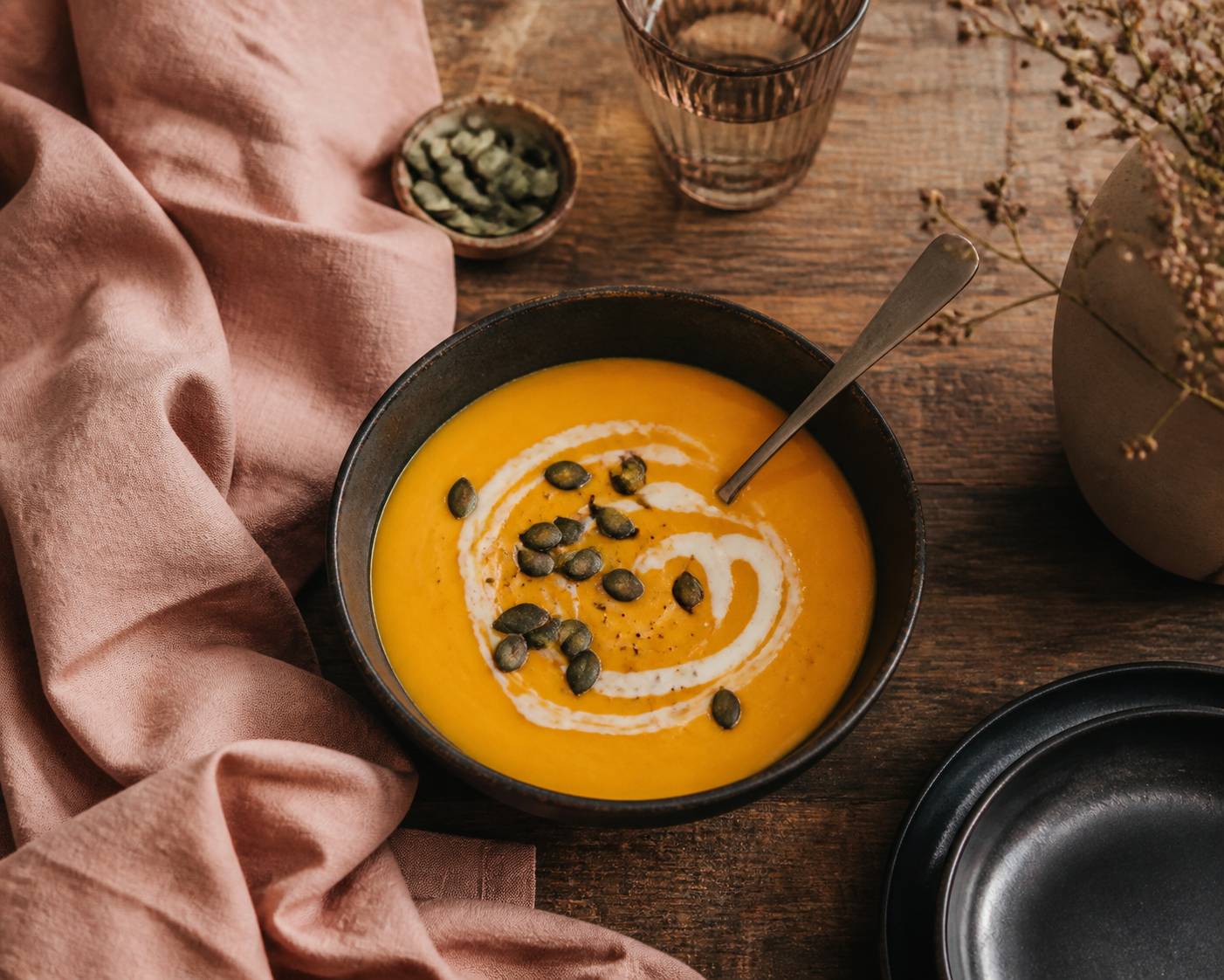 Velouté de courge butternut épicé dans un bol avec cuillère et filet de crème