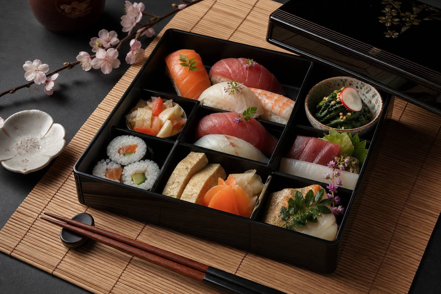 Bento japonais traditionnel dans une boite laquee noire avec sushi et legumes marines