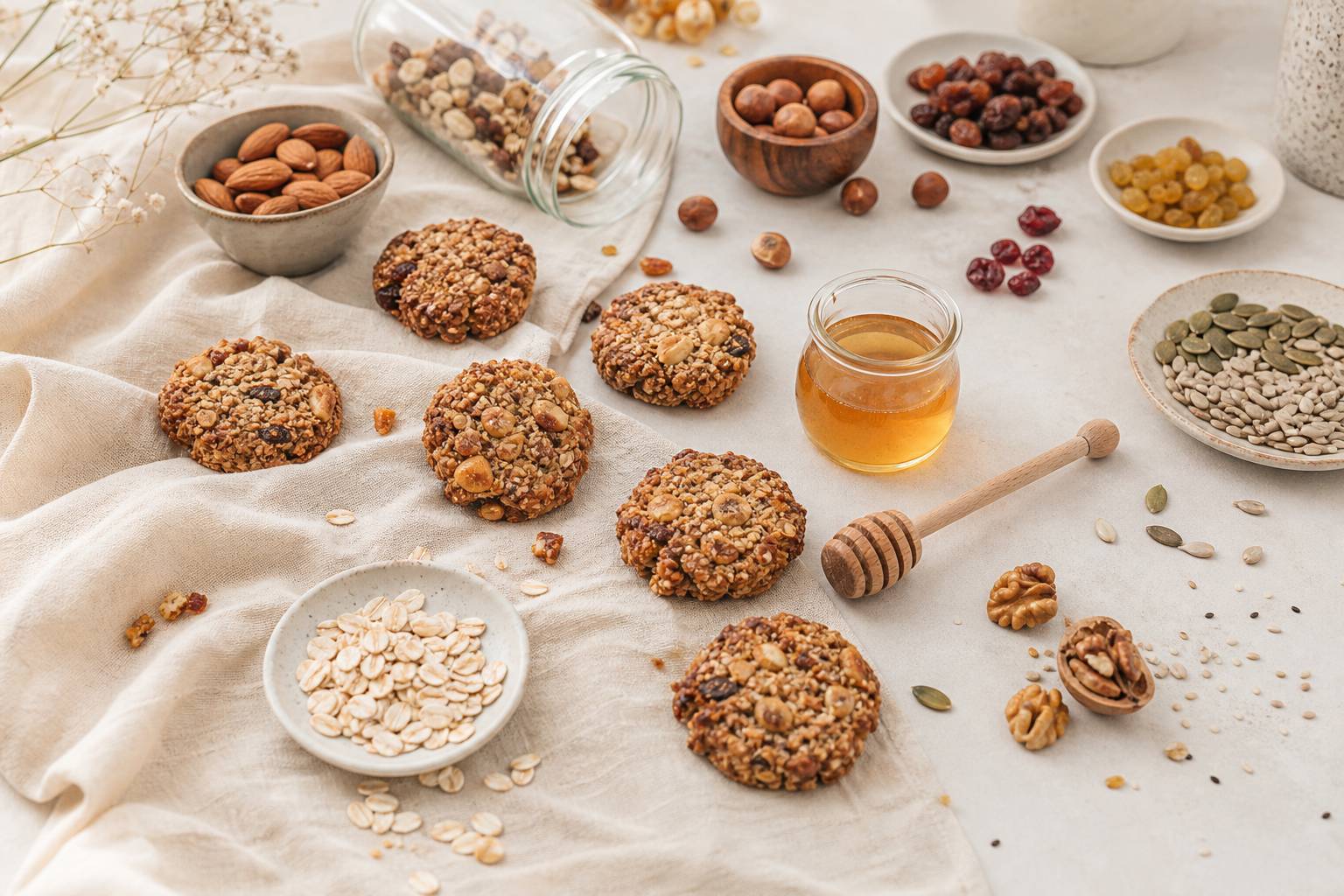 Ingrédients pour granola étalés flocons avoine noix miel