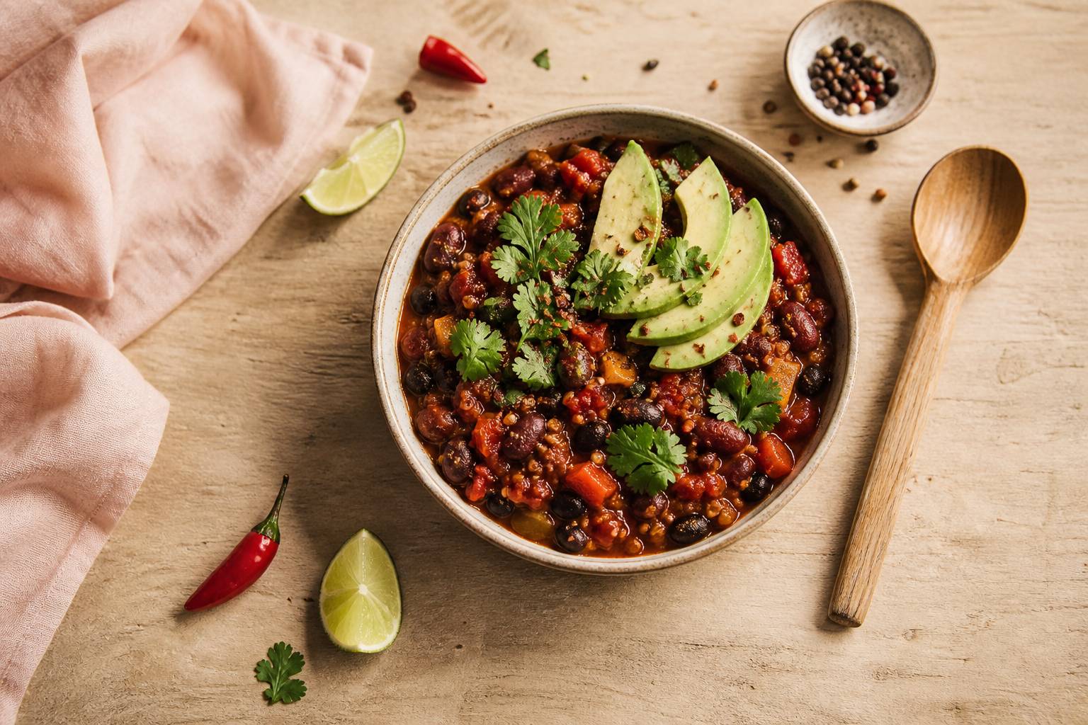 Bol de chili végétarien épicé avec avocat et coriandre fraîche sur table en bois, style flat-lay