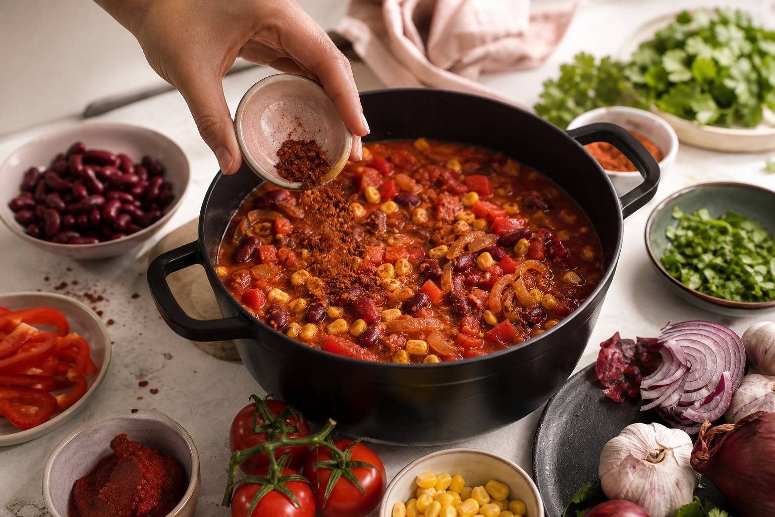 Main versant des épices dans une casserole de chili, tomates haricots rouges poivrons
