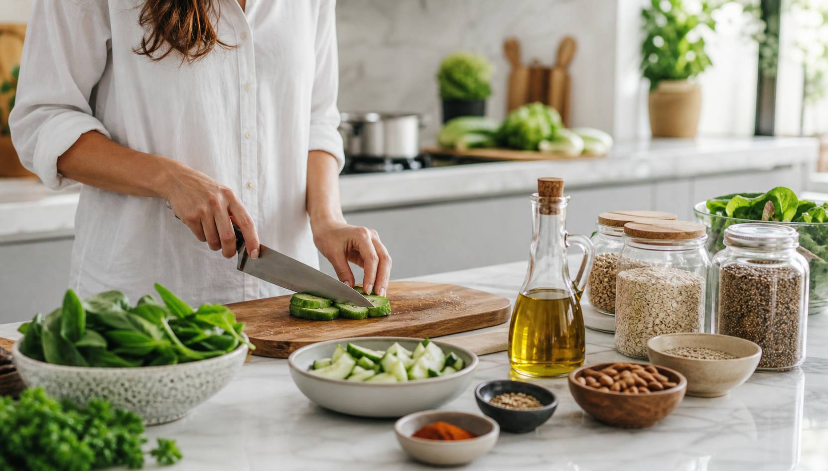 Cuisine moderne plan de travail avec legumes coupes noix cereales huile olive preparation repas sain