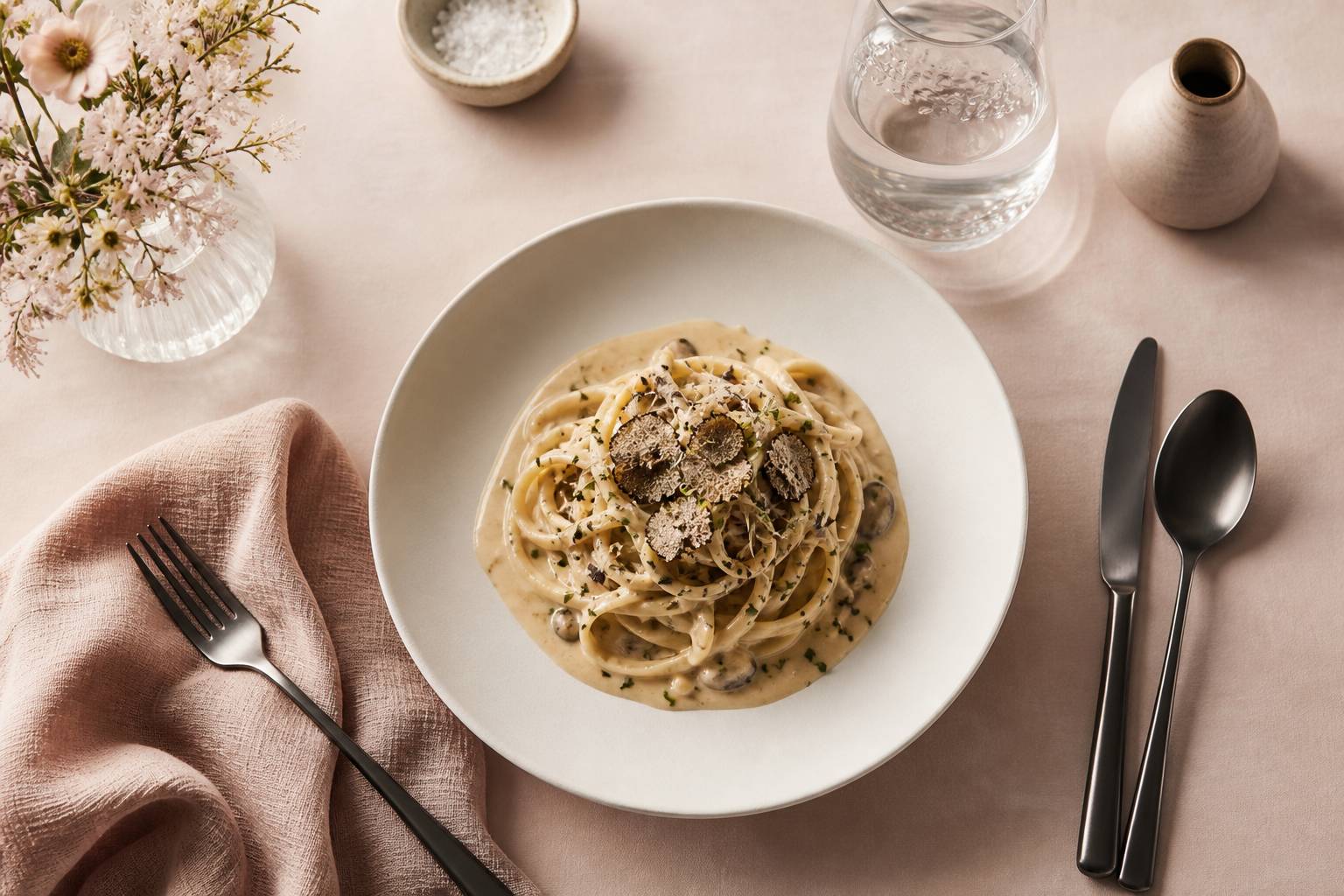 Table avec plat de pâtes gastronomiques