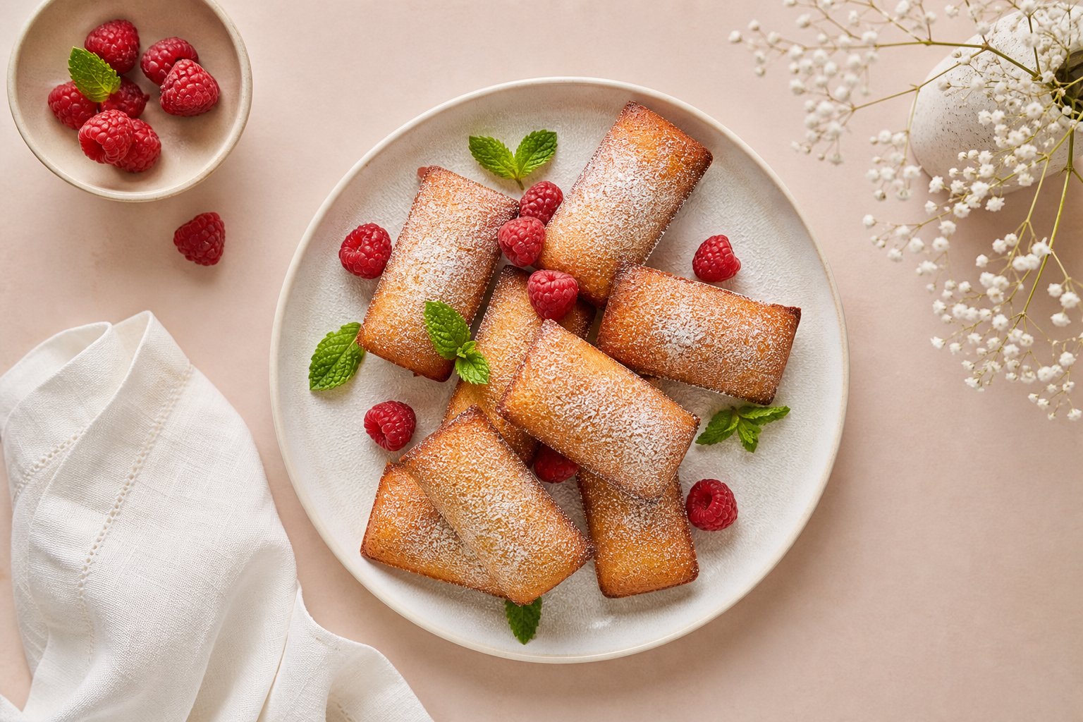 Assiette de financiers sans gluten avec framboises et sucre glace