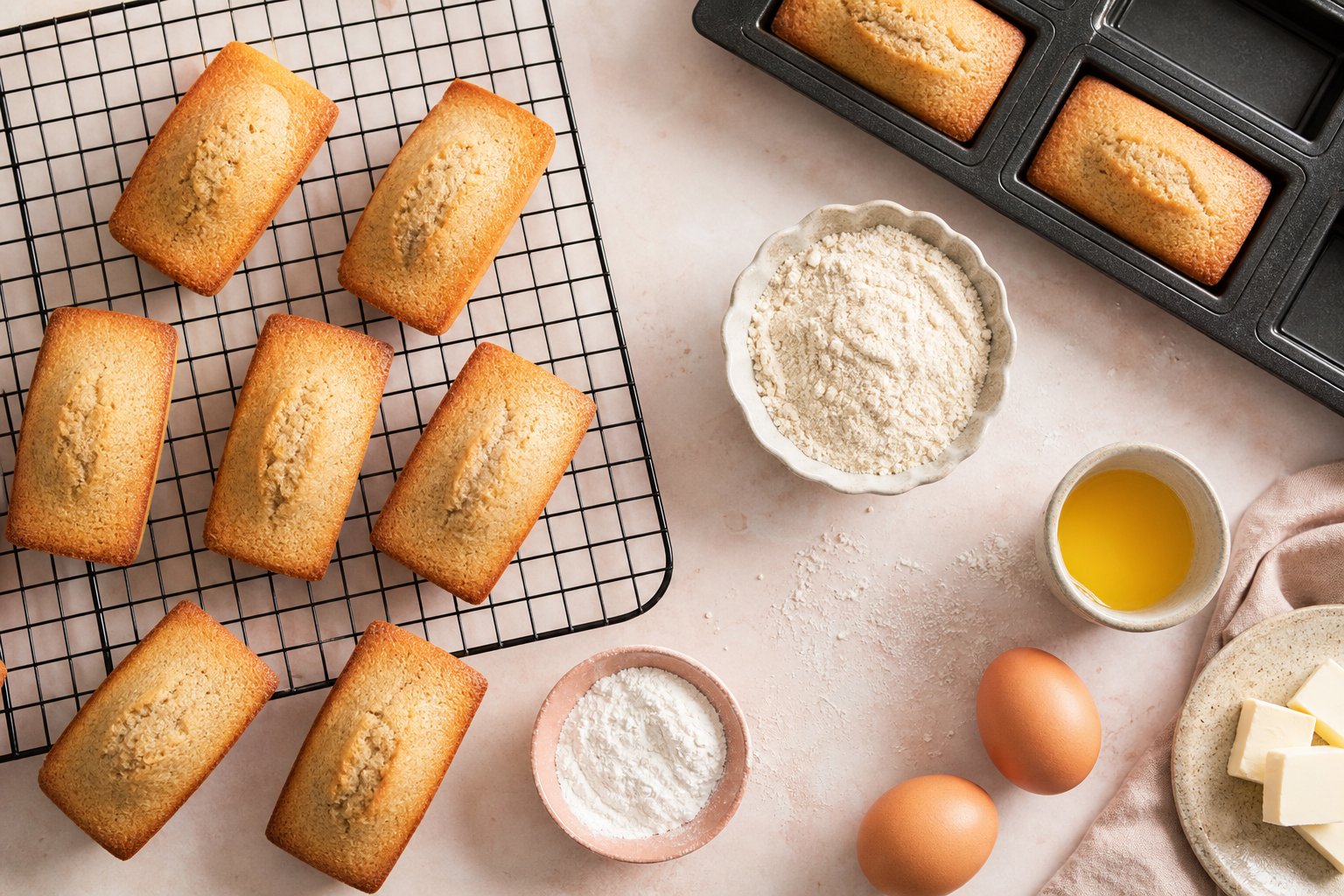 Financiers sans gluten dorés sur une grille, ingrédients pâtisserie