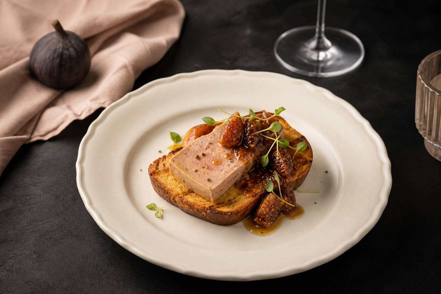 Foie gras sur brioche toastée avec confit de figues et mesclun présentation gastronomique