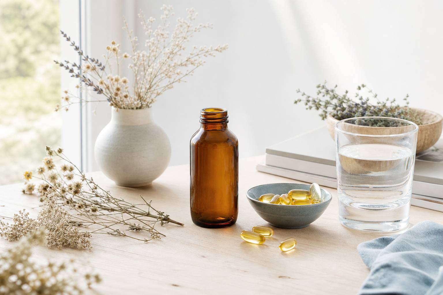Flacon d'huile d'onagre avec fleurs séchées et gélules dorées
