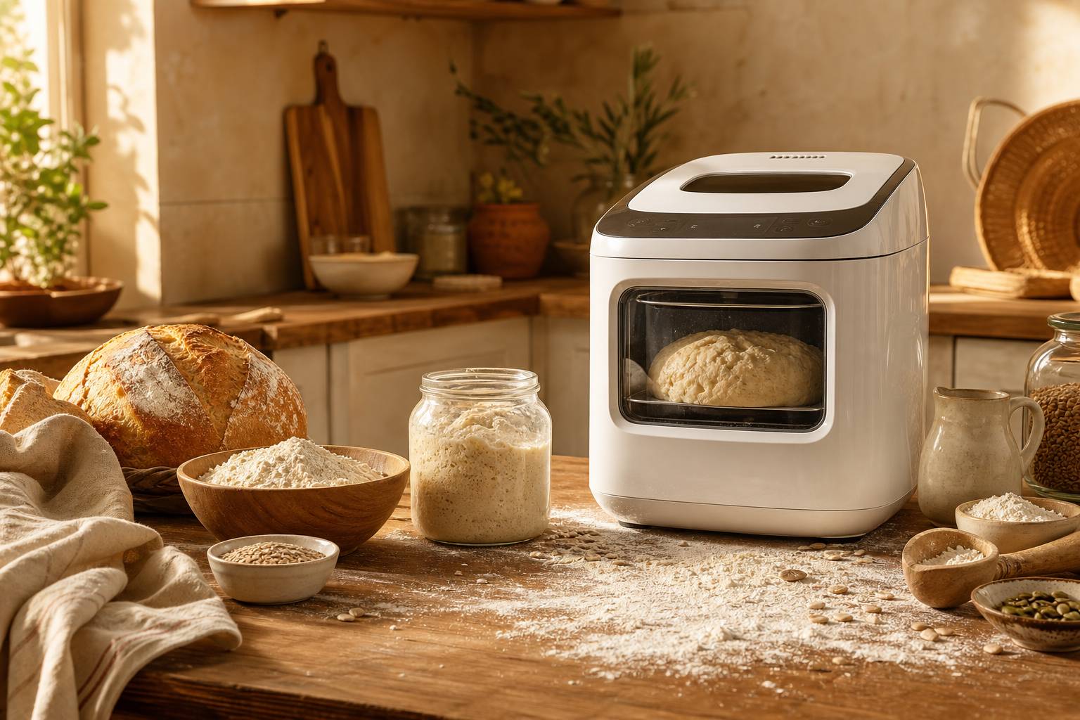 Machine a pain avec pate levee farine T65 levain bocal graines et cereales