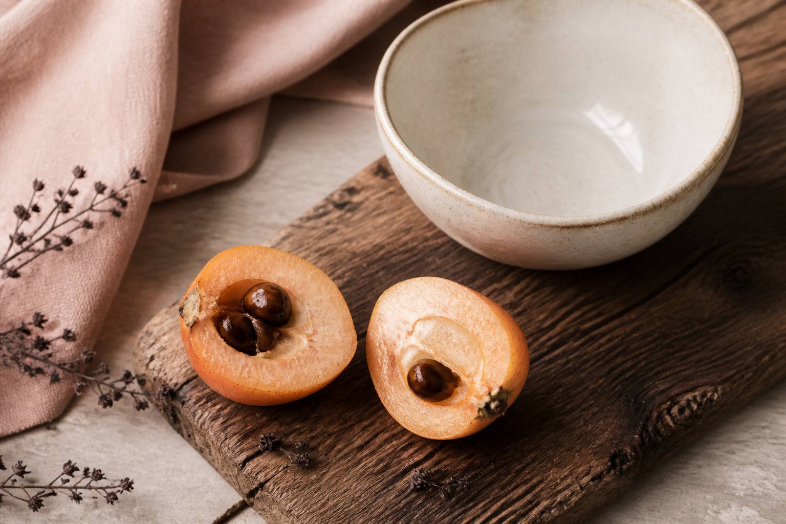 Nèfle du Japon coupée en deux sur planche en bois, fruit frais exotique
