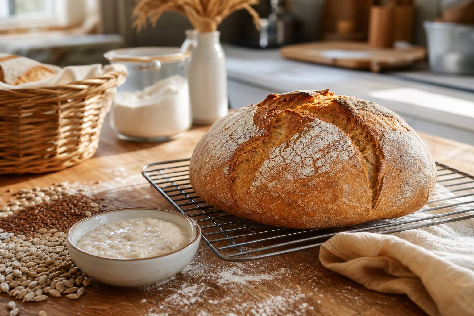 Pain dore sortant du four croustillant sur grille avec farine et levain