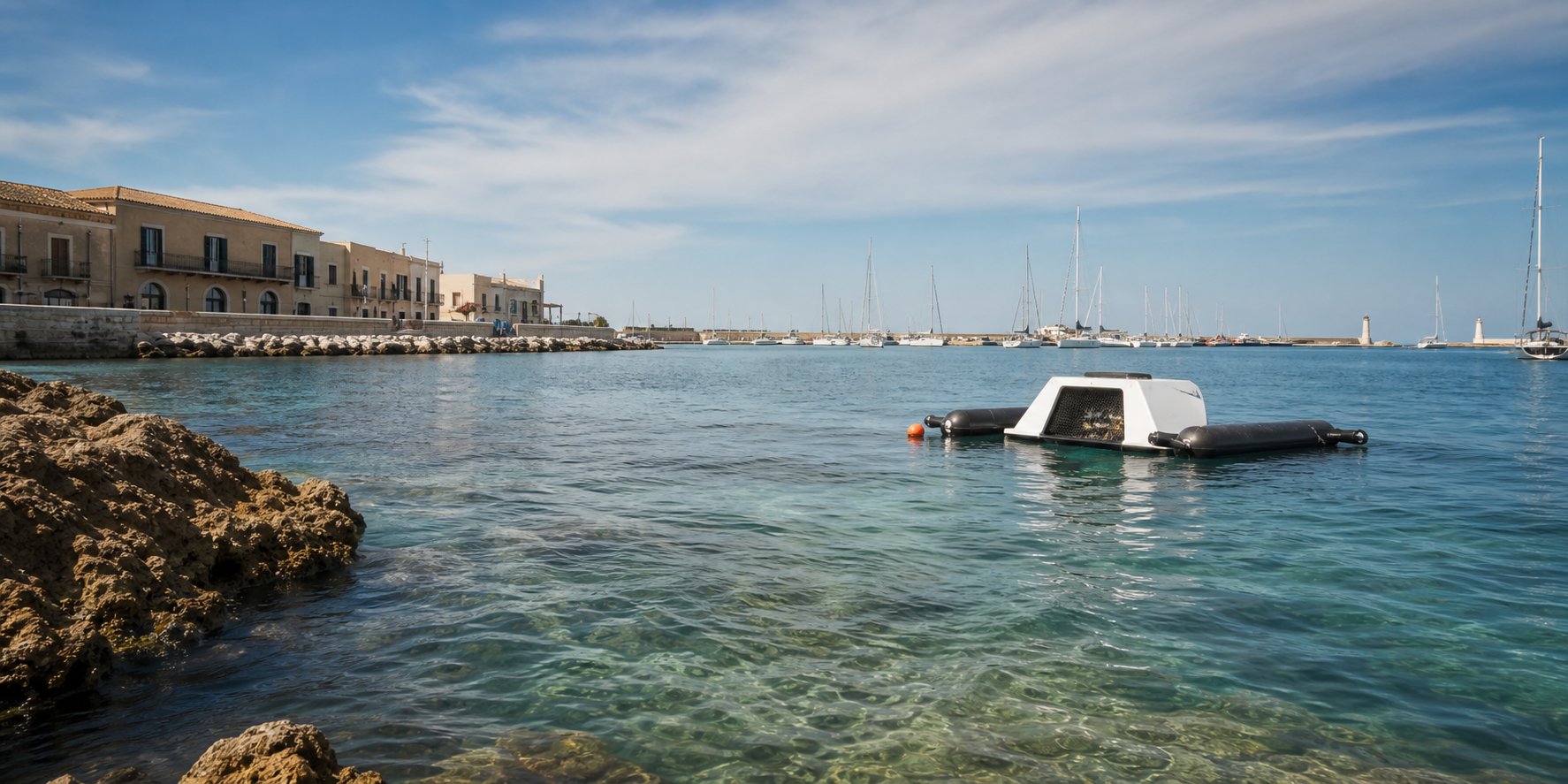 Vue large d'un port méditerranéen avec eau propre et bateaux au loin