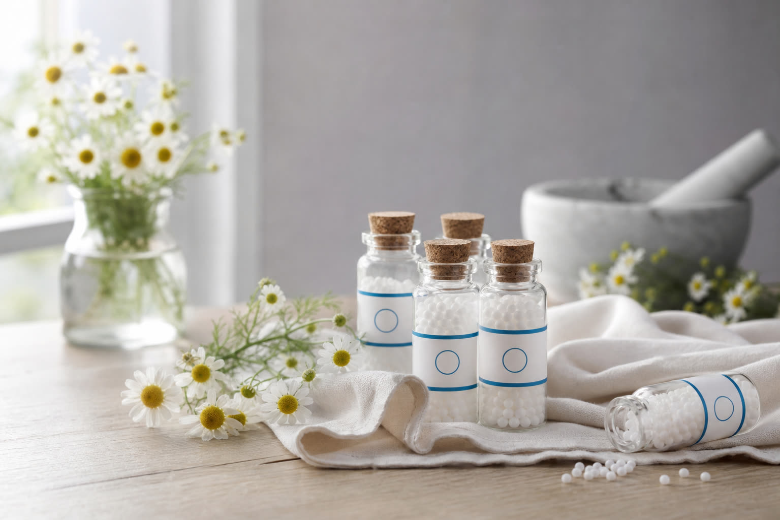 Petits flacons de remèdes homéopathiques sur un linge blanc avec fleurs de camomille, soulagement naturel des règles douloureuses