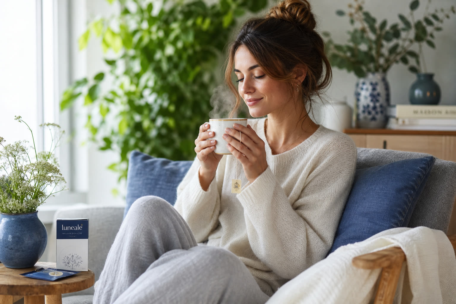 Femme buvant une tisane apaisante dans un intérieur cosy, bien-être féminin et remèdes naturels