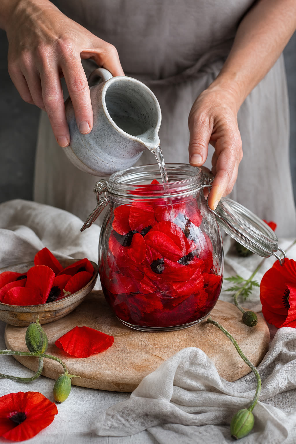 Infusion de pétales de coquelicot dans un bocal en verre, fabrication artisanale de sirop de fleurs à la maison